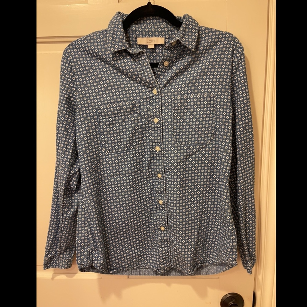 Loft Blue Patterned Button Down, Size: Small